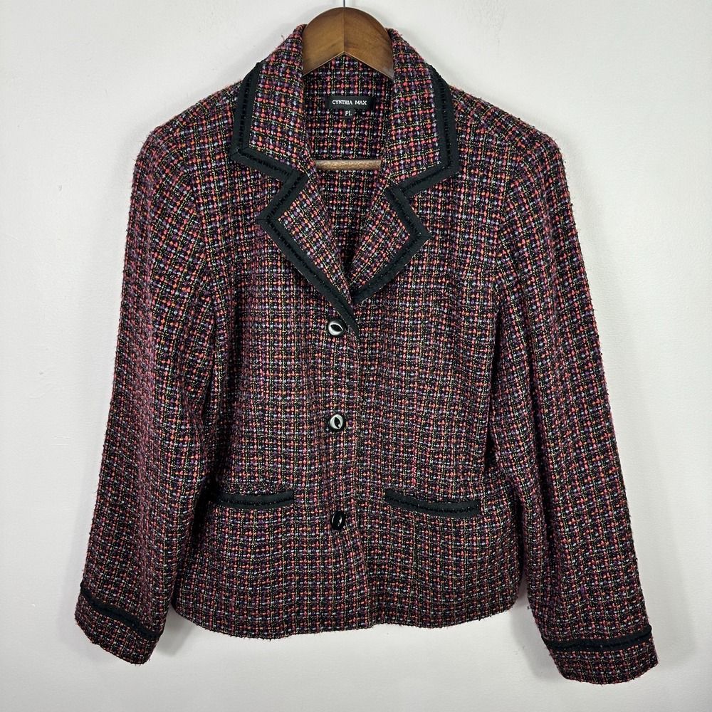 Cynthia Max Blazer Womens PL Black Multicolor Tweed Boucle Mod Preppy Statement
